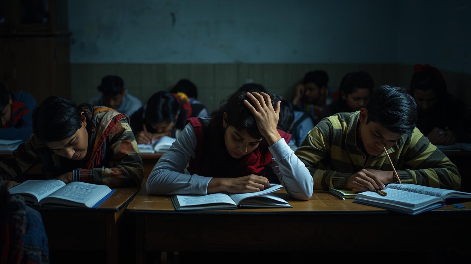 Stressed student preparing for JEE exam